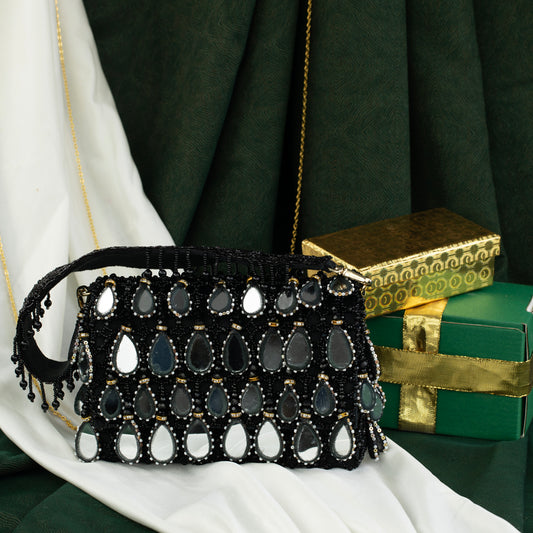 Black Suede Mirror & Bead Work Box-Shaped Potli Bag