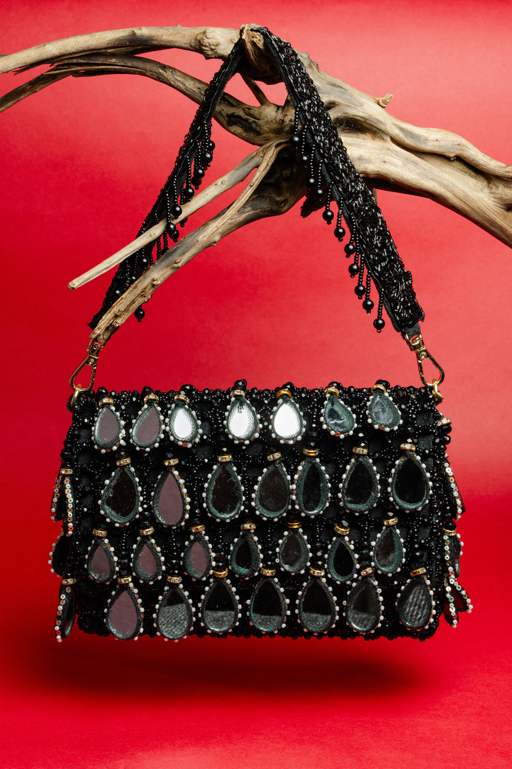 Black Suede Mirror & Bead Work Box-Shaped Potli Bag