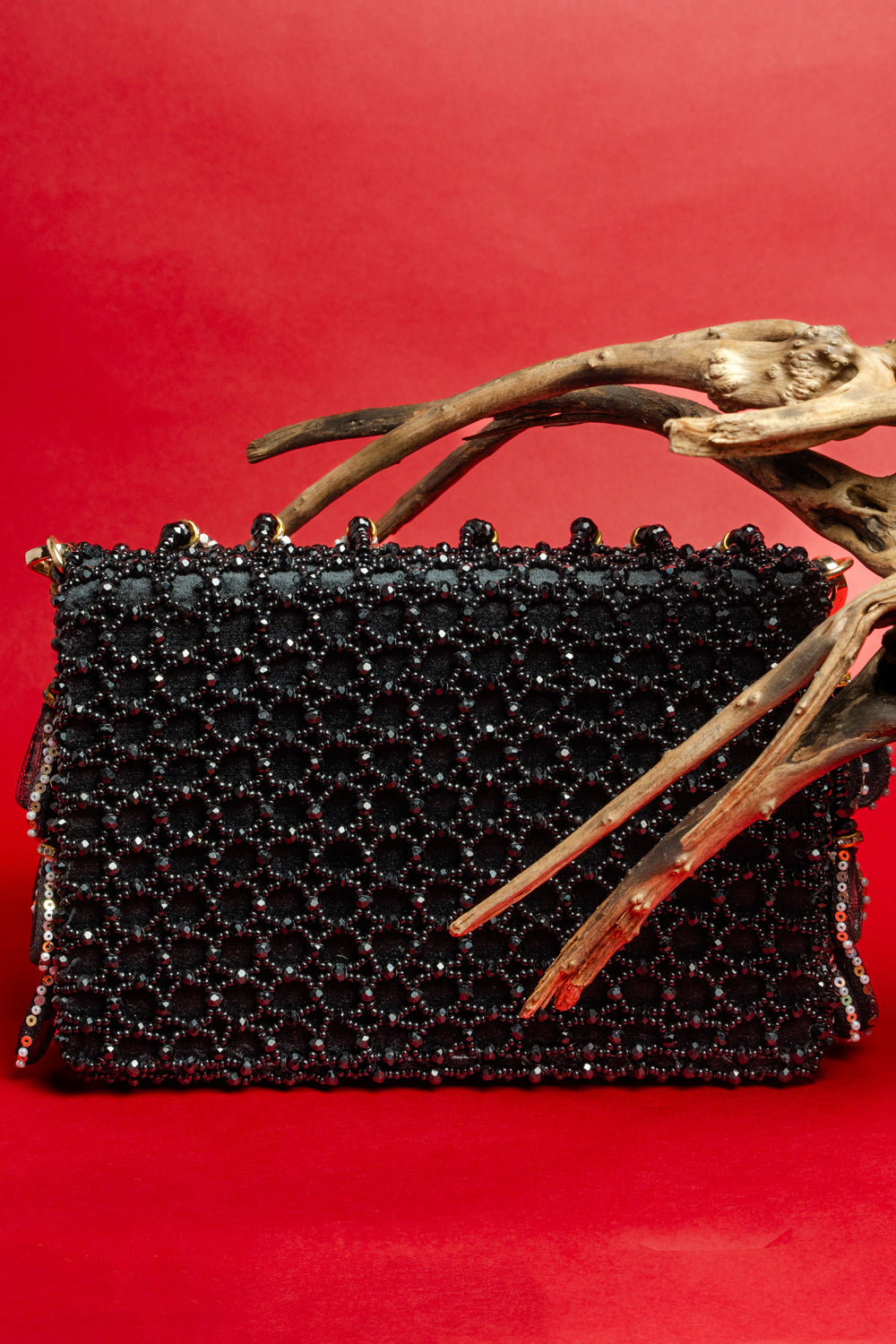 Black Suede Mirror & Bead Work Box-Shaped Potli Bag