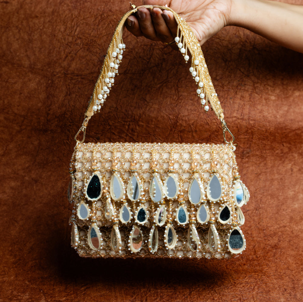 Gold Suede Mirror & Bead Work Box-Shaped Potli Bag