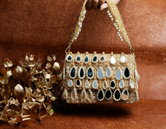 Gold Suede Mirror & Bead Work Box-Shaped Potli Bag