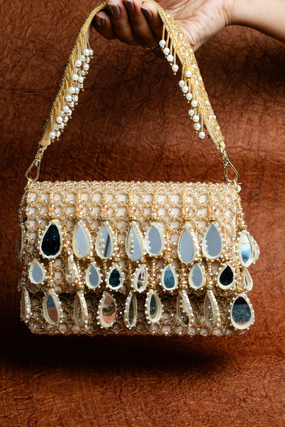 Gold Suede Mirror & Bead Work Box-Shaped Potli Bag