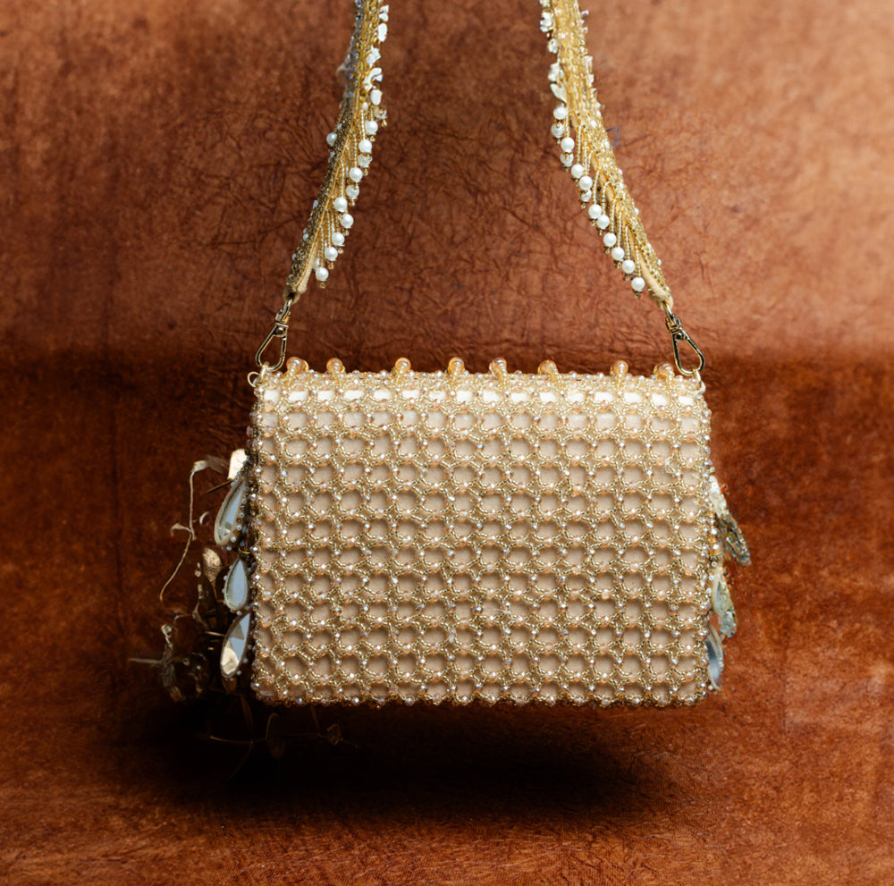 Gold Suede Mirror & Bead Work Box-Shaped Potli Bag