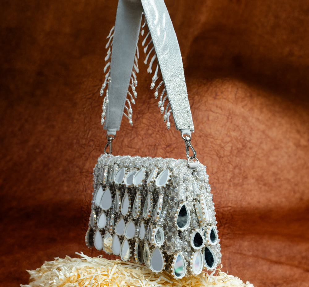 Silver Suede Mirror & Bead Work Box-Shaped Potli Bag