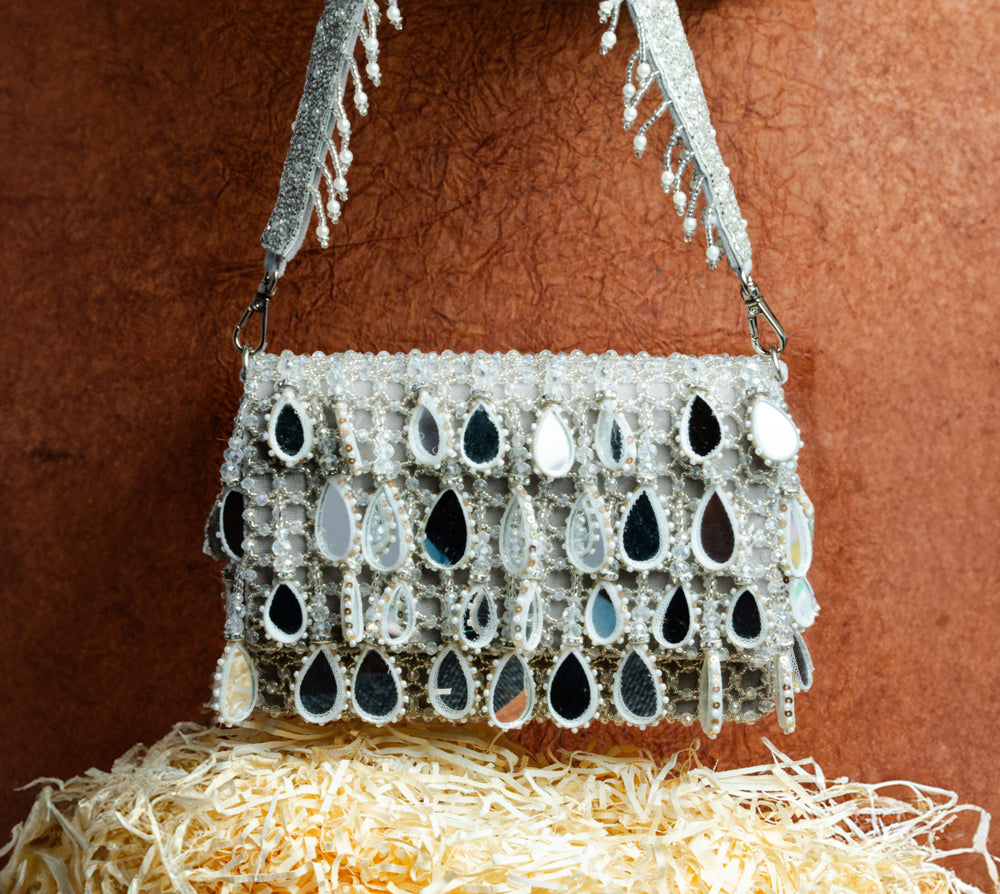 Silver Suede Mirror & Bead Work Box-Shaped Potli Bag