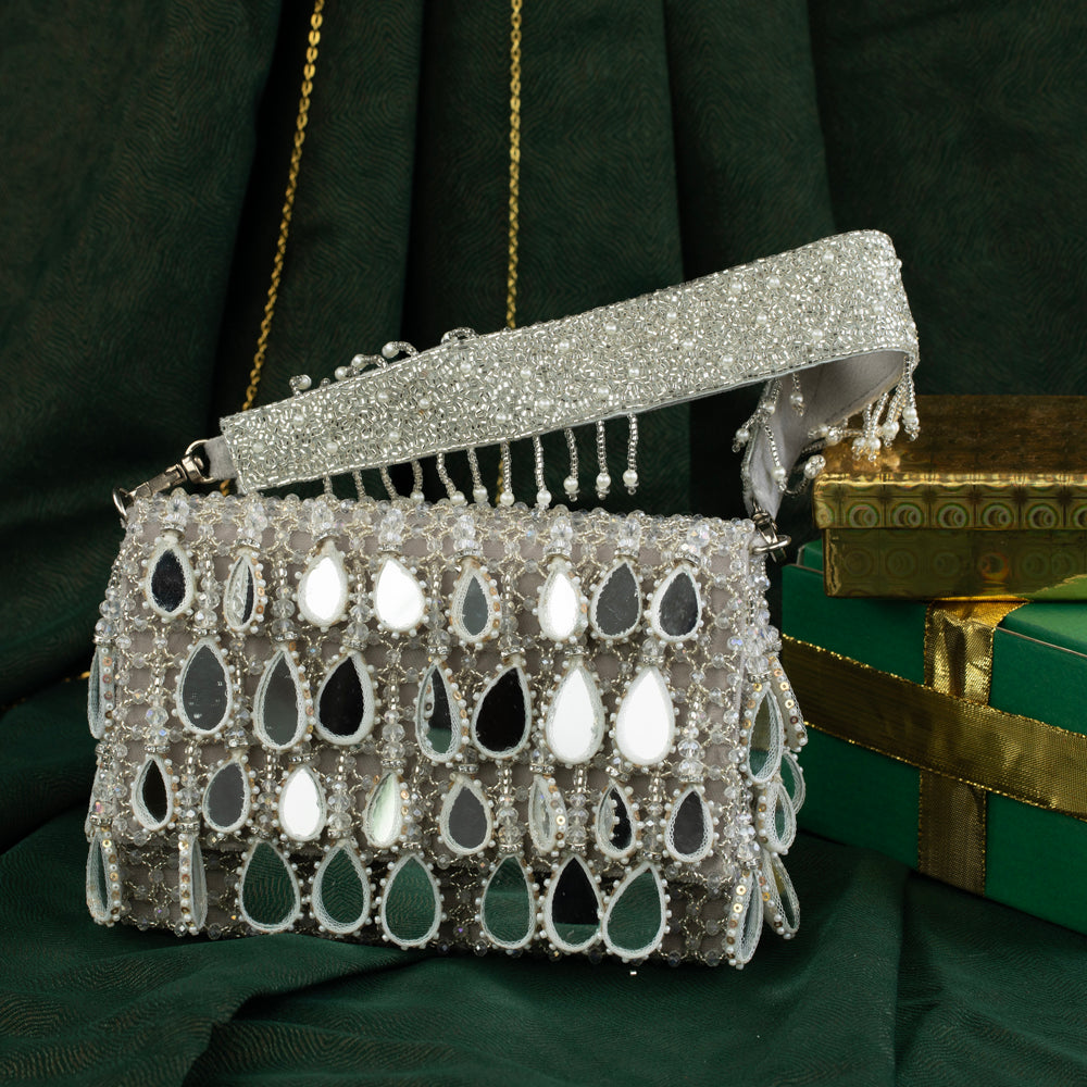 Silver Suede Mirror & Bead Work Box-Shaped Potli Bag