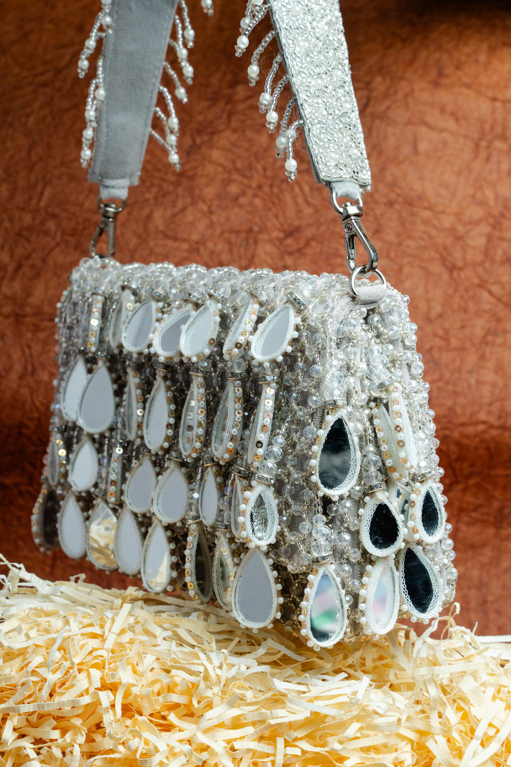 Silver Suede Mirror & Bead Work Box-Shaped Potli Bag