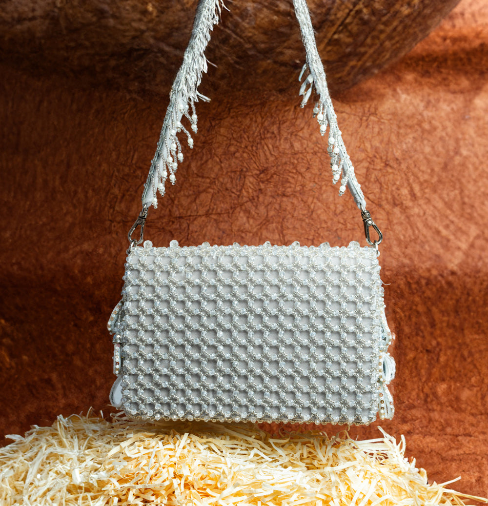 Silver Suede Mirror & Bead Work Box-Shaped Potli Bag