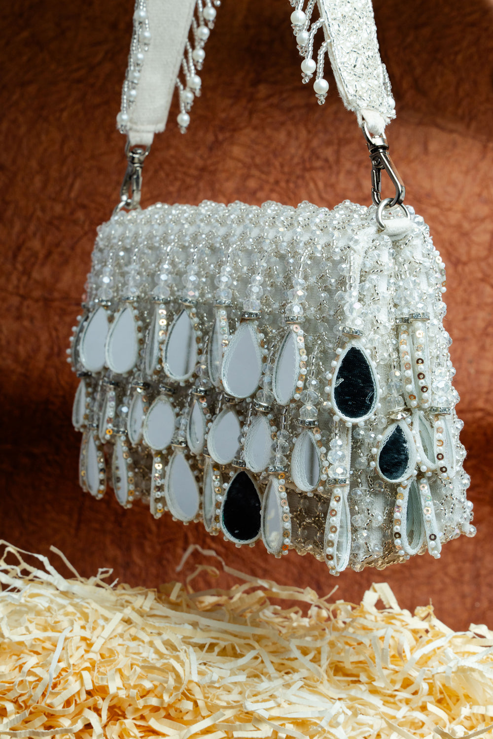 White Suede Mirror & Bead Work Box-Shaped Potli Bag