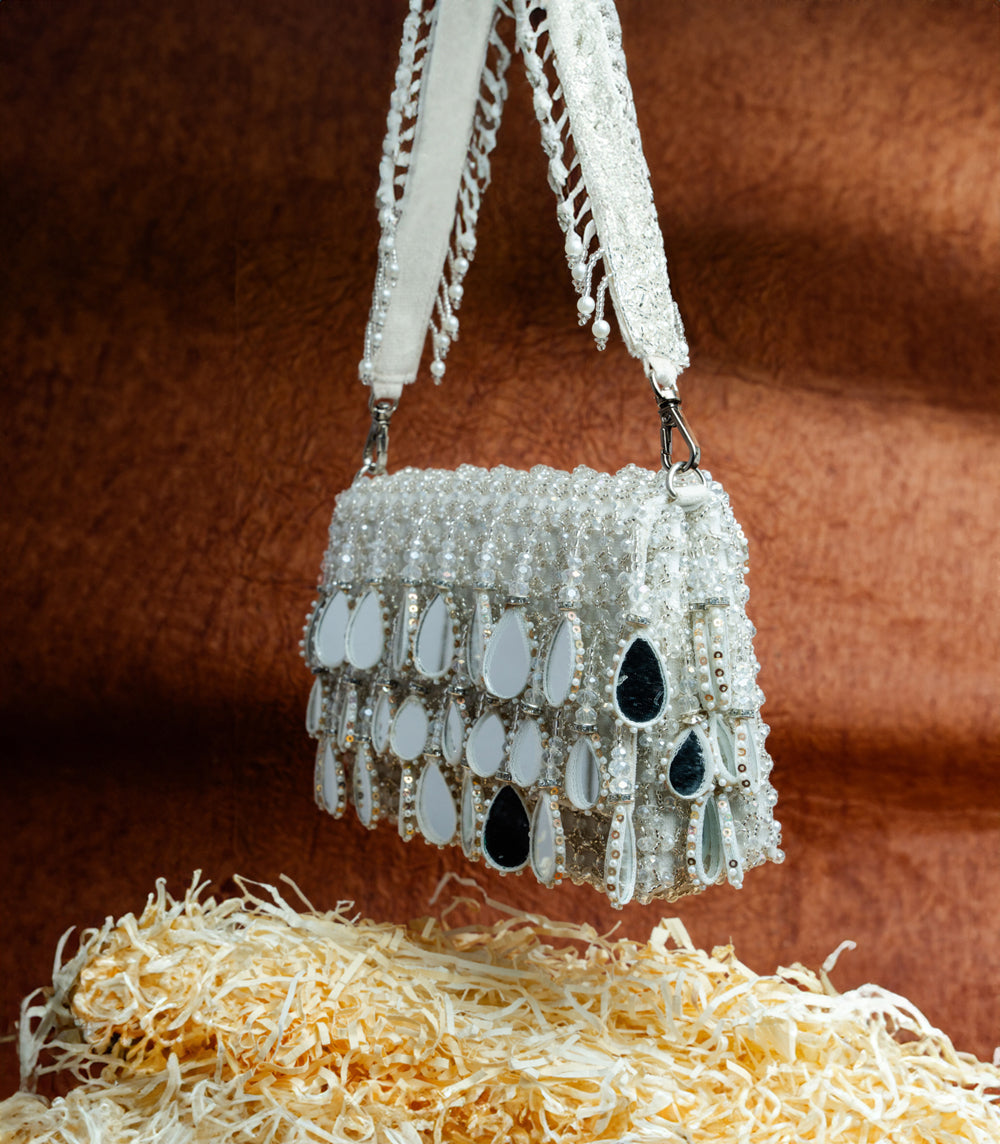 White Suede Mirror & Bead Work Box-Shaped Potli Bag