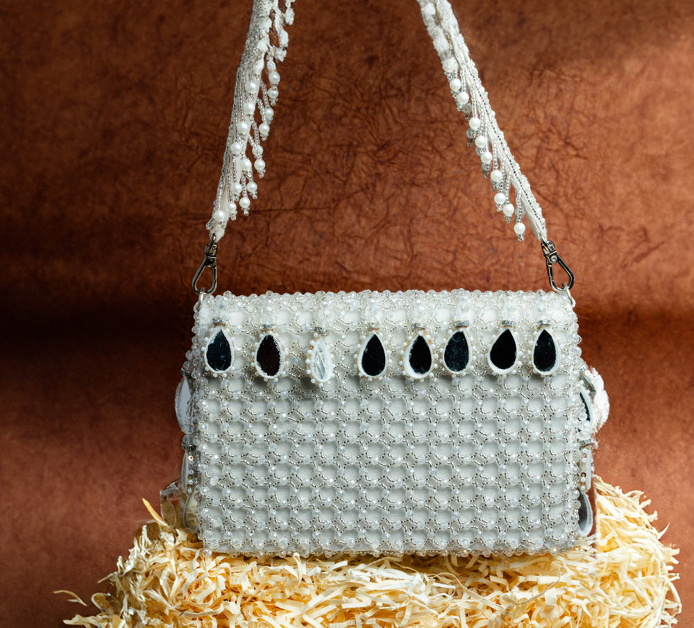 White Suede Mirror & Bead Work Box-Shaped Potli Bag