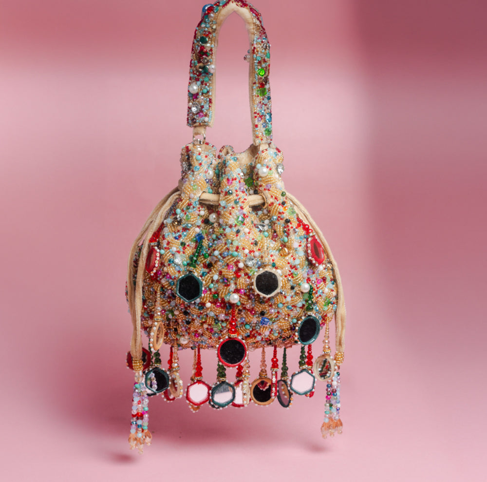 Gold Silk Mirror Embroidered Potli Bag