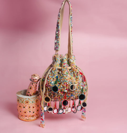 Gold Silk Mirror Embroidered Potli Bag