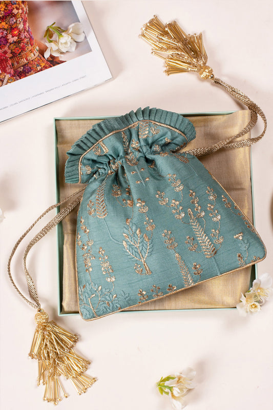 Arbre Silk Embroidered Potli Bag Blue Green