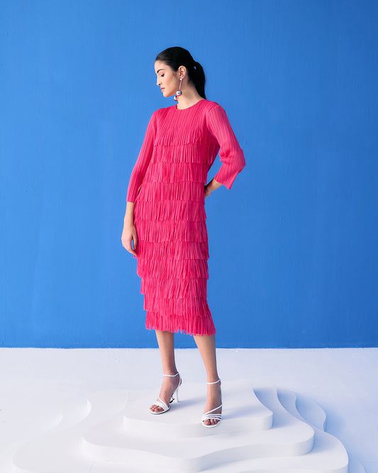 Fuscia Long Sleeves Fringe Dress