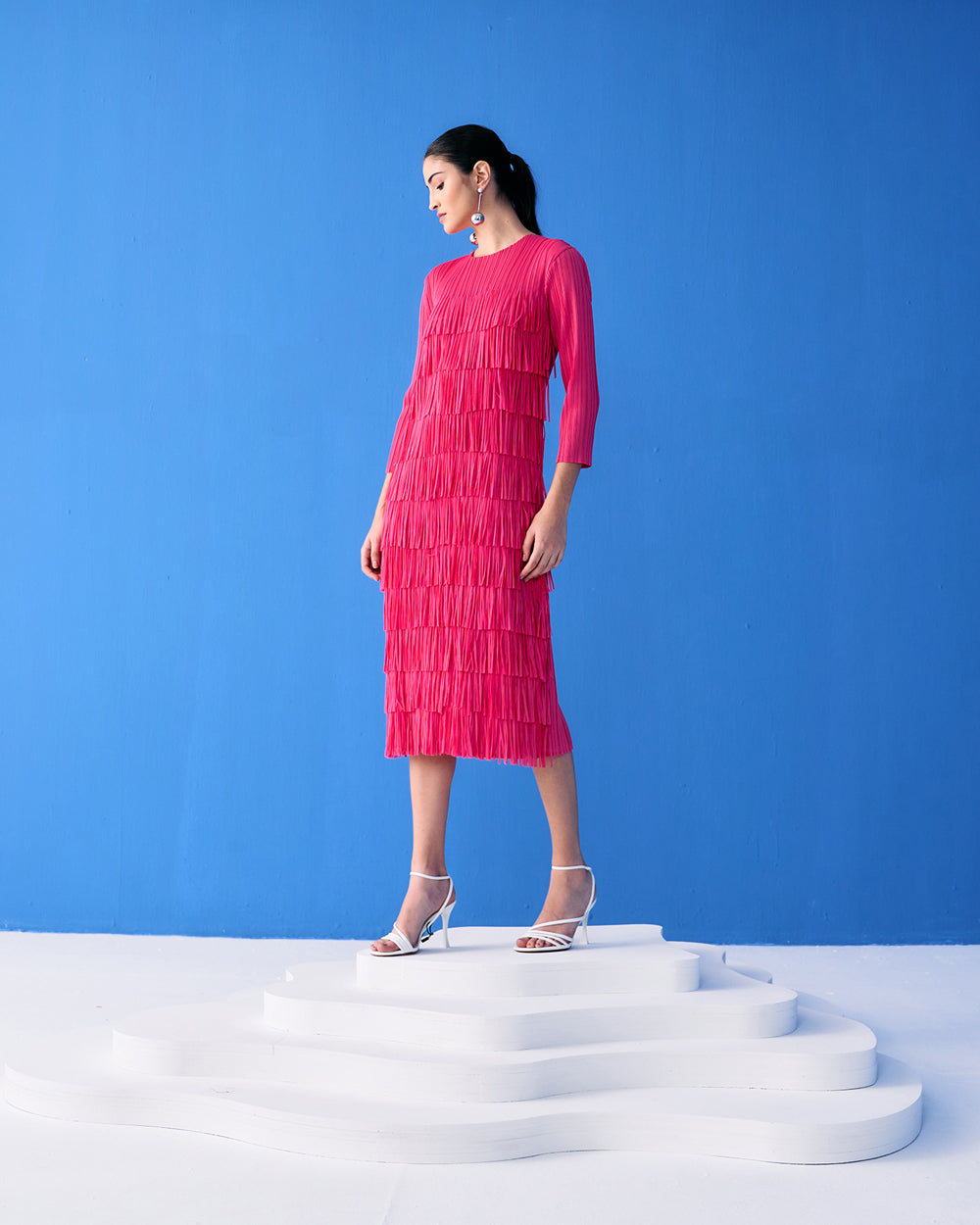 Fuscia Long Sleeves Fringe Dress