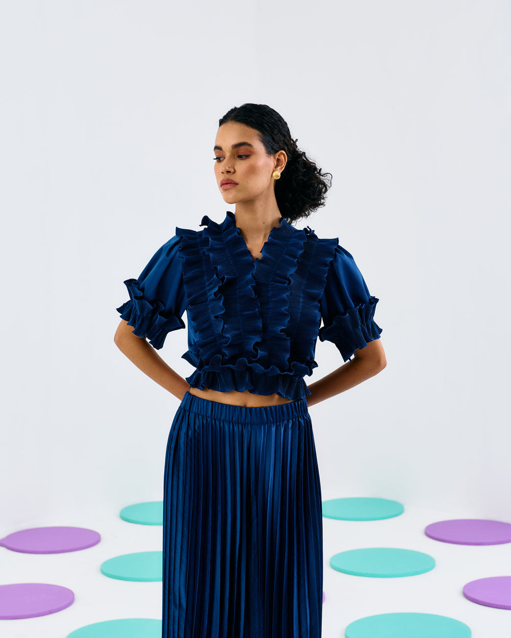 Blue Frill Pleated Top