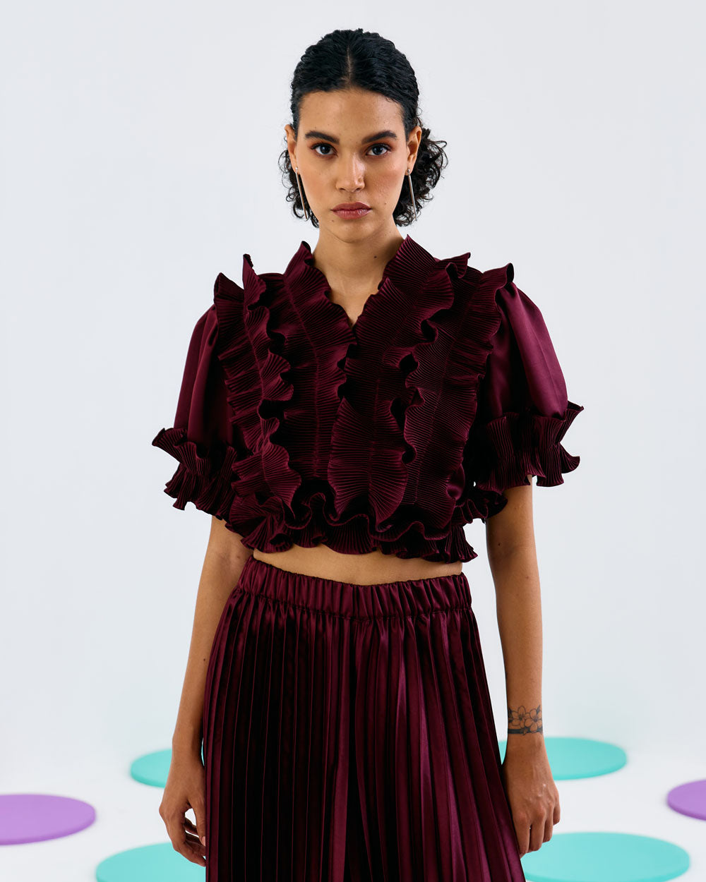 Maroon Frill Pleated Top