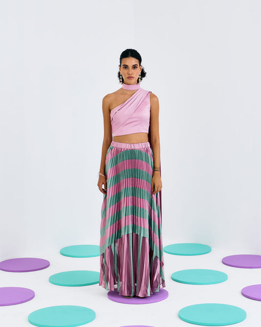 Pink One Shoulder Pleated Drape Top