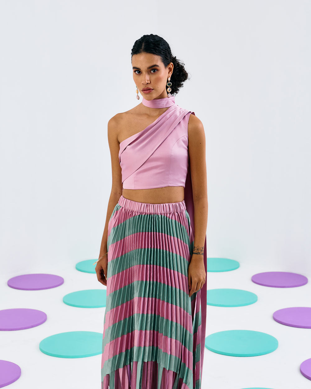 Pink Green Colorblock Pleated Skirt