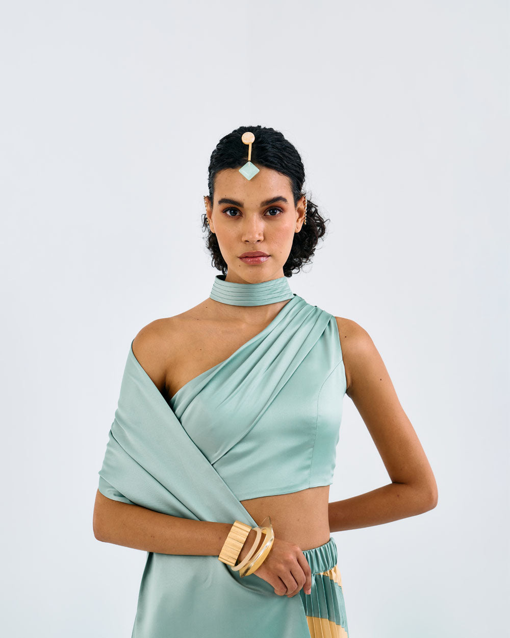 Green One Shoulder Pleated Drape Top