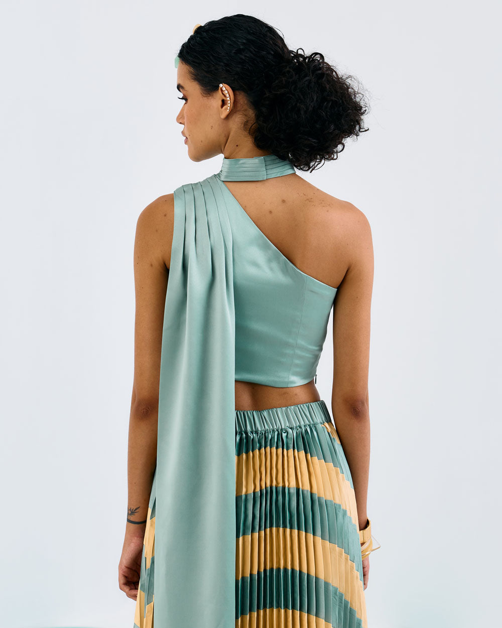 Green One Shoulder Pleated Drape Top