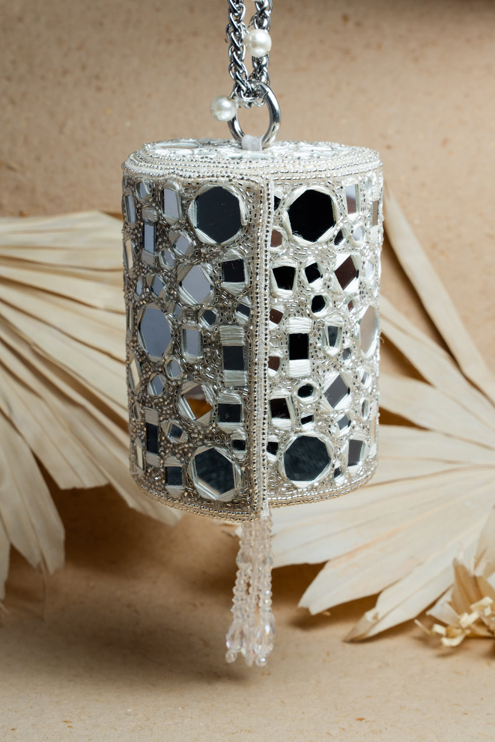 Light Silver & White Silk Mirror Embroidered Cylindrical Potli Bag