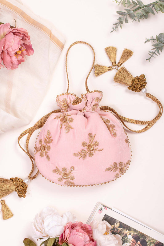 Baby Pink Velvet Embroidered Potli