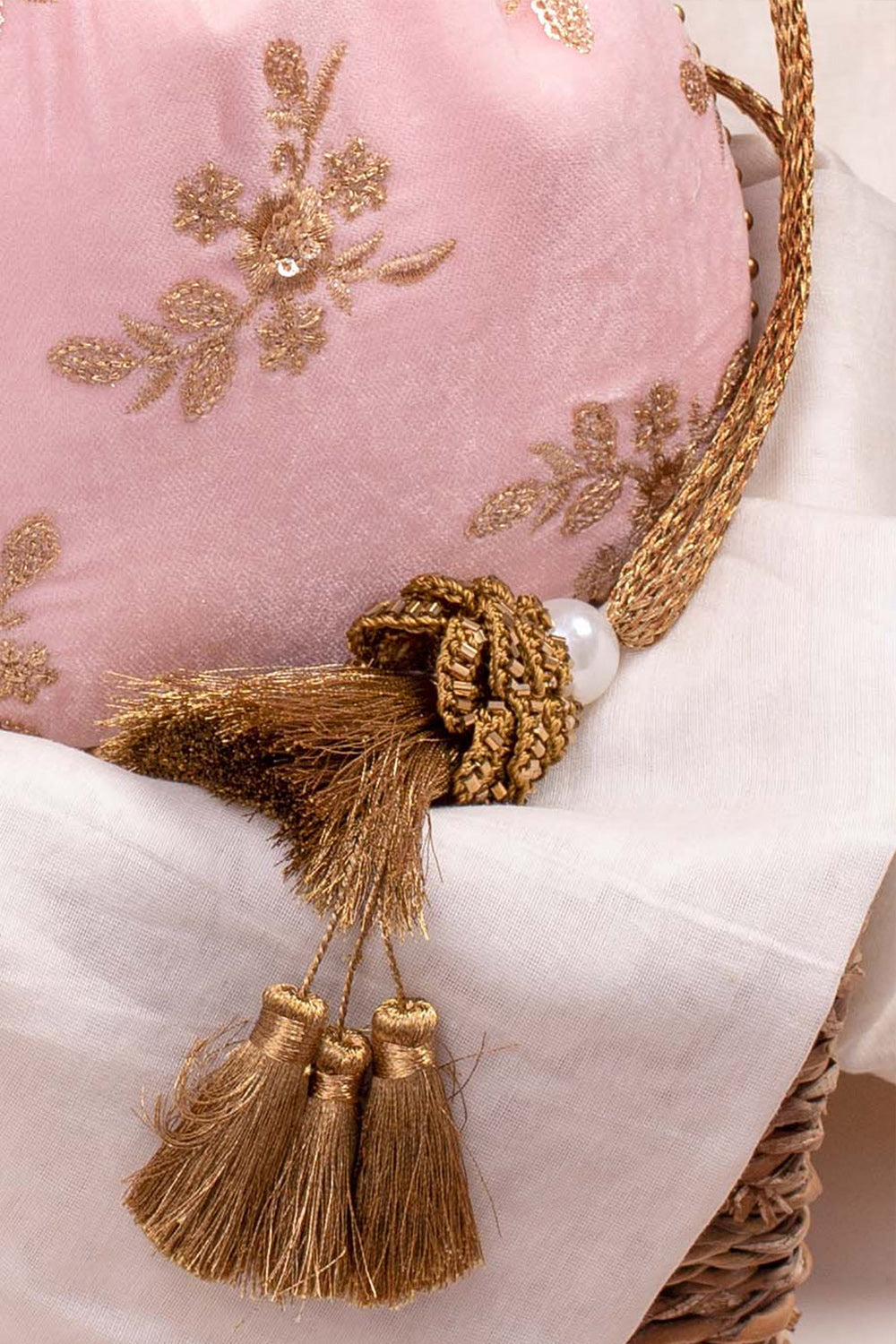 Baby Pink Velvet Embroidered Potli