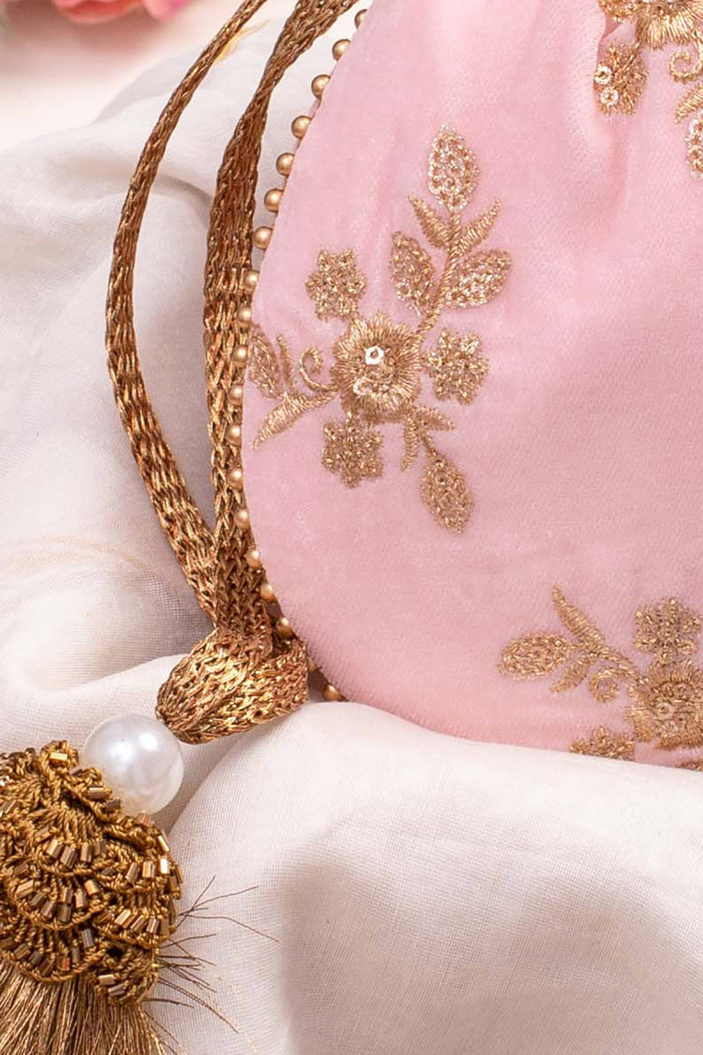 Baby Pink Velvet Embroidered Potli