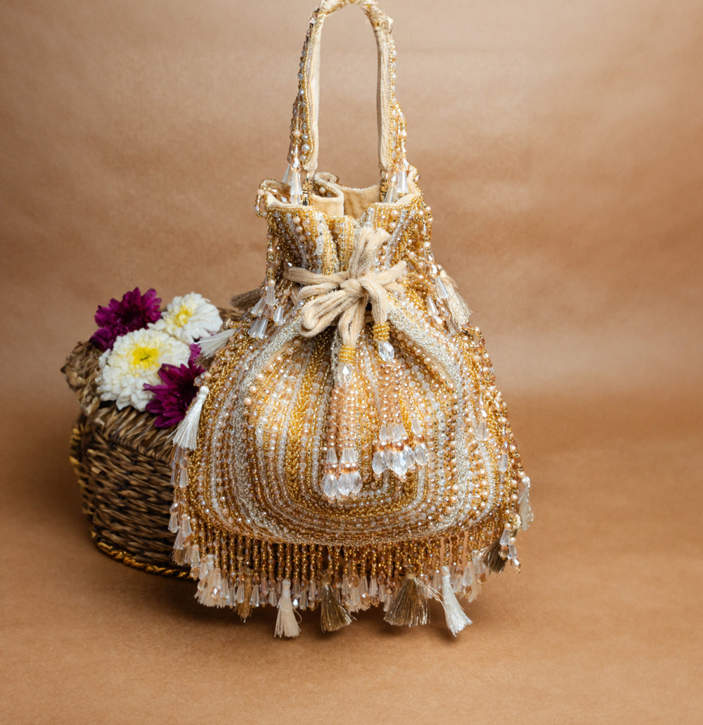 Gold Silk Bead Embroidered Potli Bag