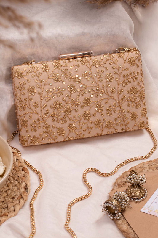 Beige Sequin Embroidered Box Clutch