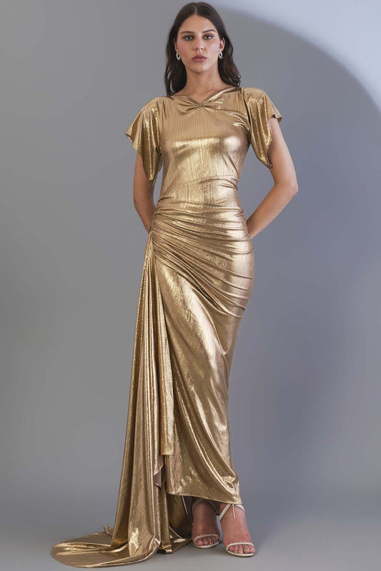 Metallic Pleated Draped Gown