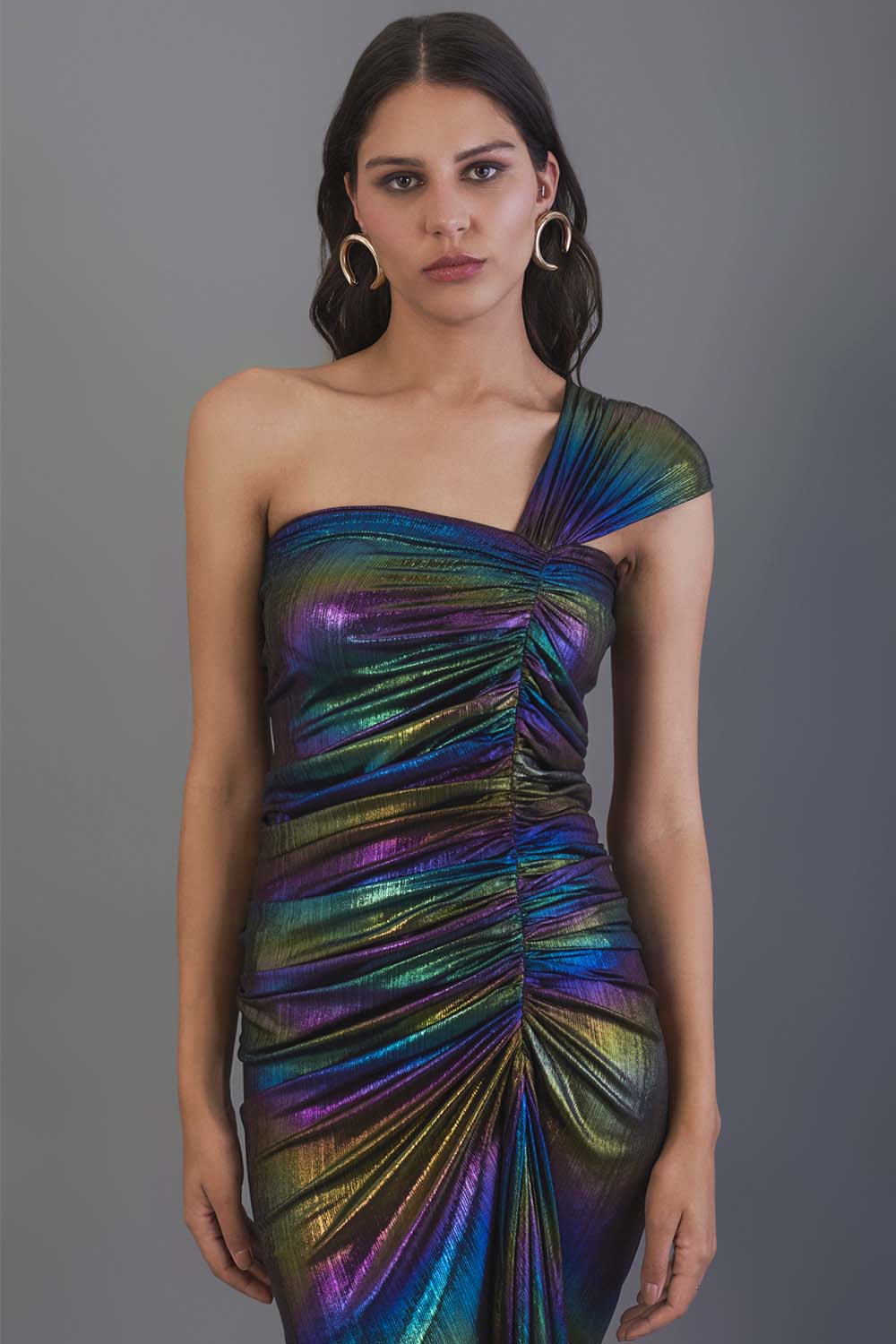 Metallic Pleated Draped Gown