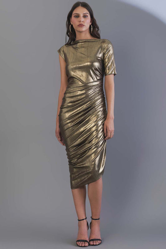 Metallic Asymmetric Sleeve Dress