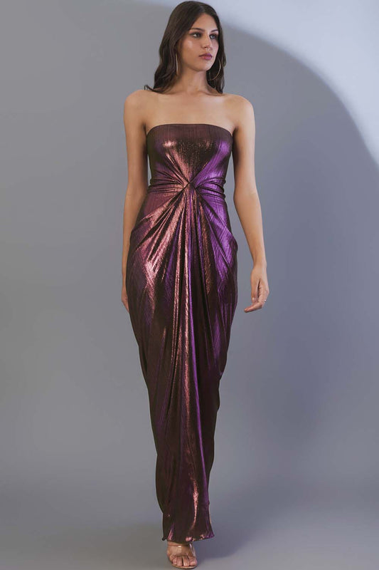 Metallic Front Pleated Draped Gown