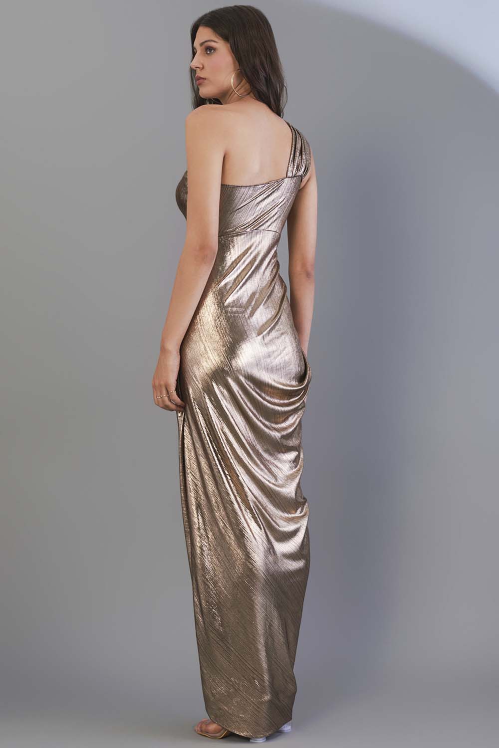 Metallic One Shoulder Drape Gown