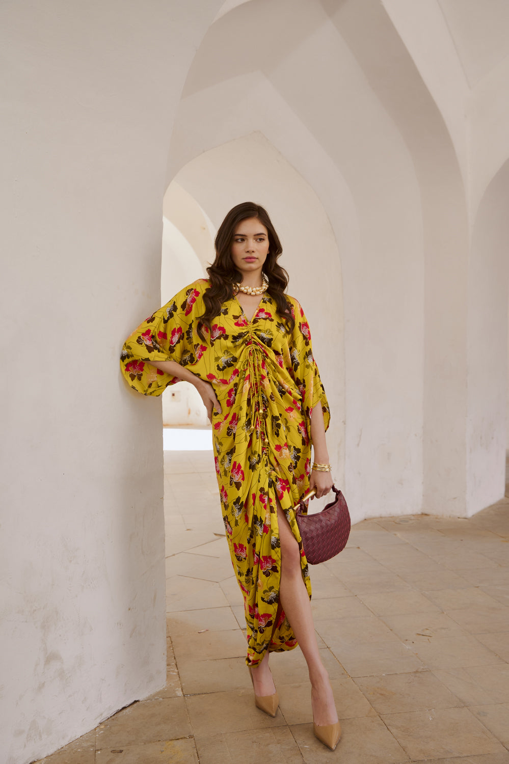 Drawstring Poppy Kaftan Dress