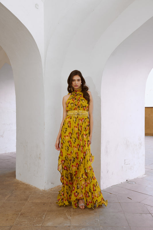 Printed Halter Maxi With Embroiderd Belt Set.