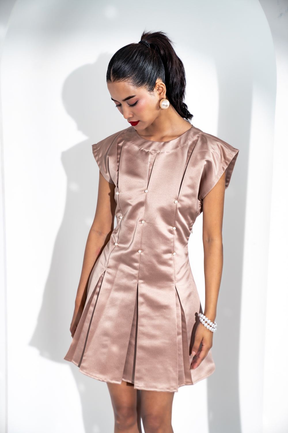 Beige Satin Fitted Short Dress