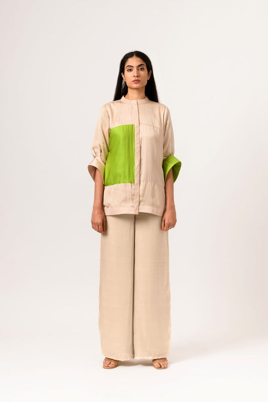 Ecru-Green Color Blocked Blouse