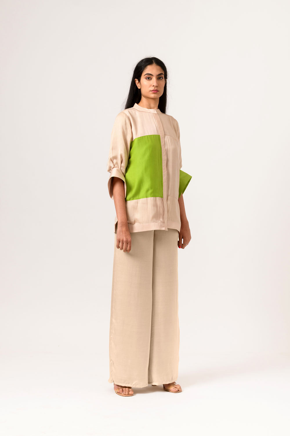 Ecru-Green Color Blocked Blouse