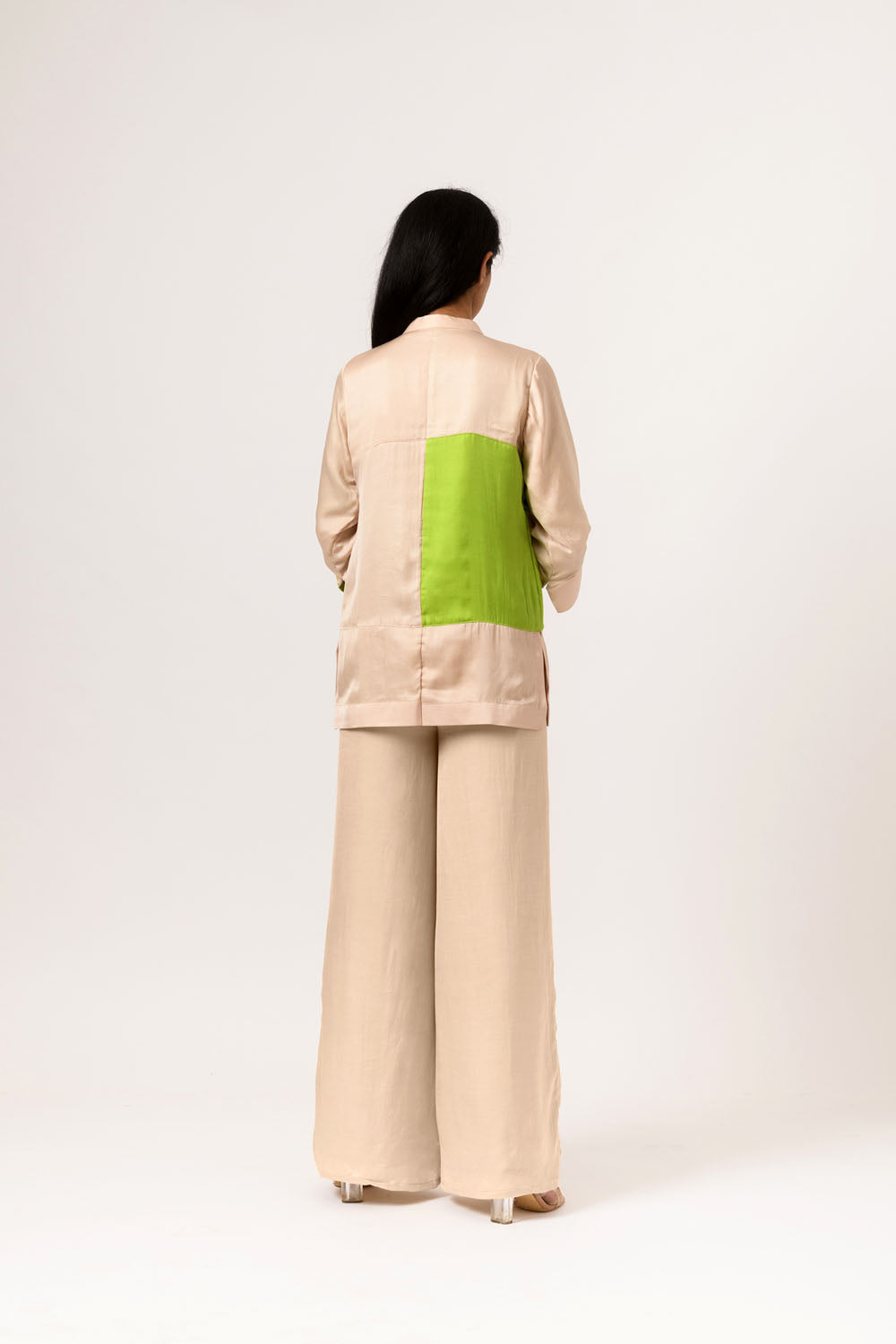 Ecru-Green Color Blocked Blouse