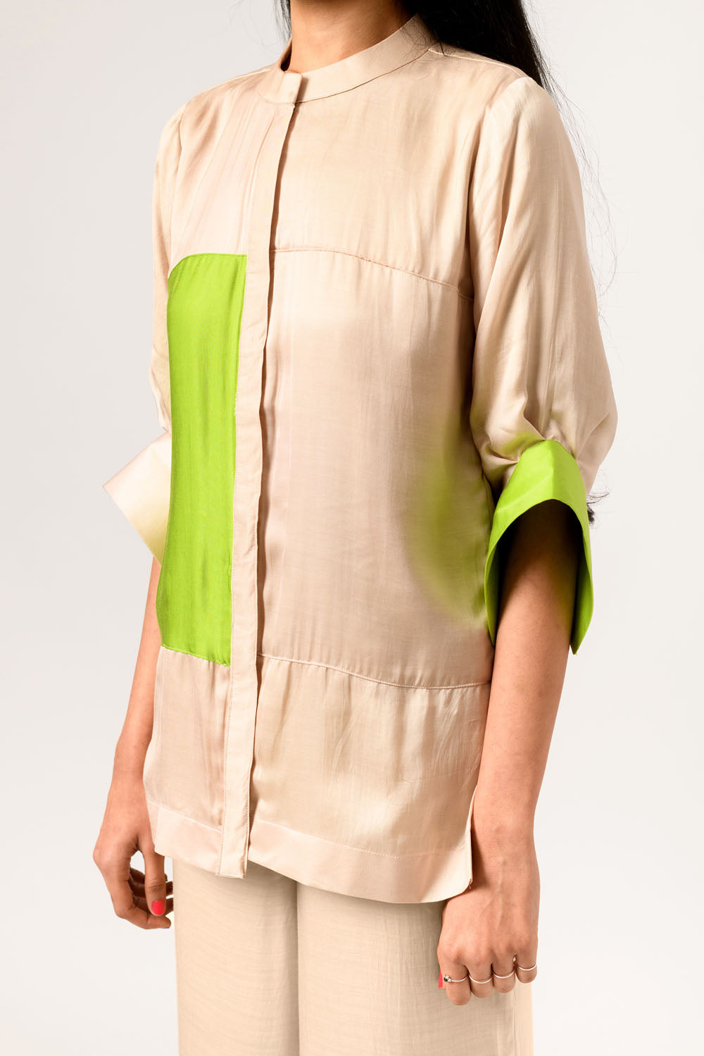 Ecru-Green Color Blocked Blouse