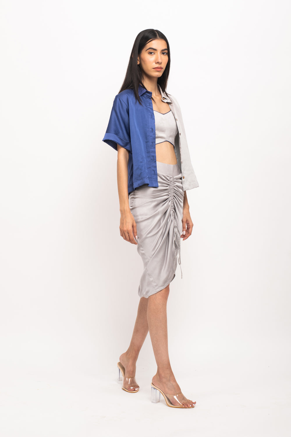 Grey-Blue Rouching Skirt Set