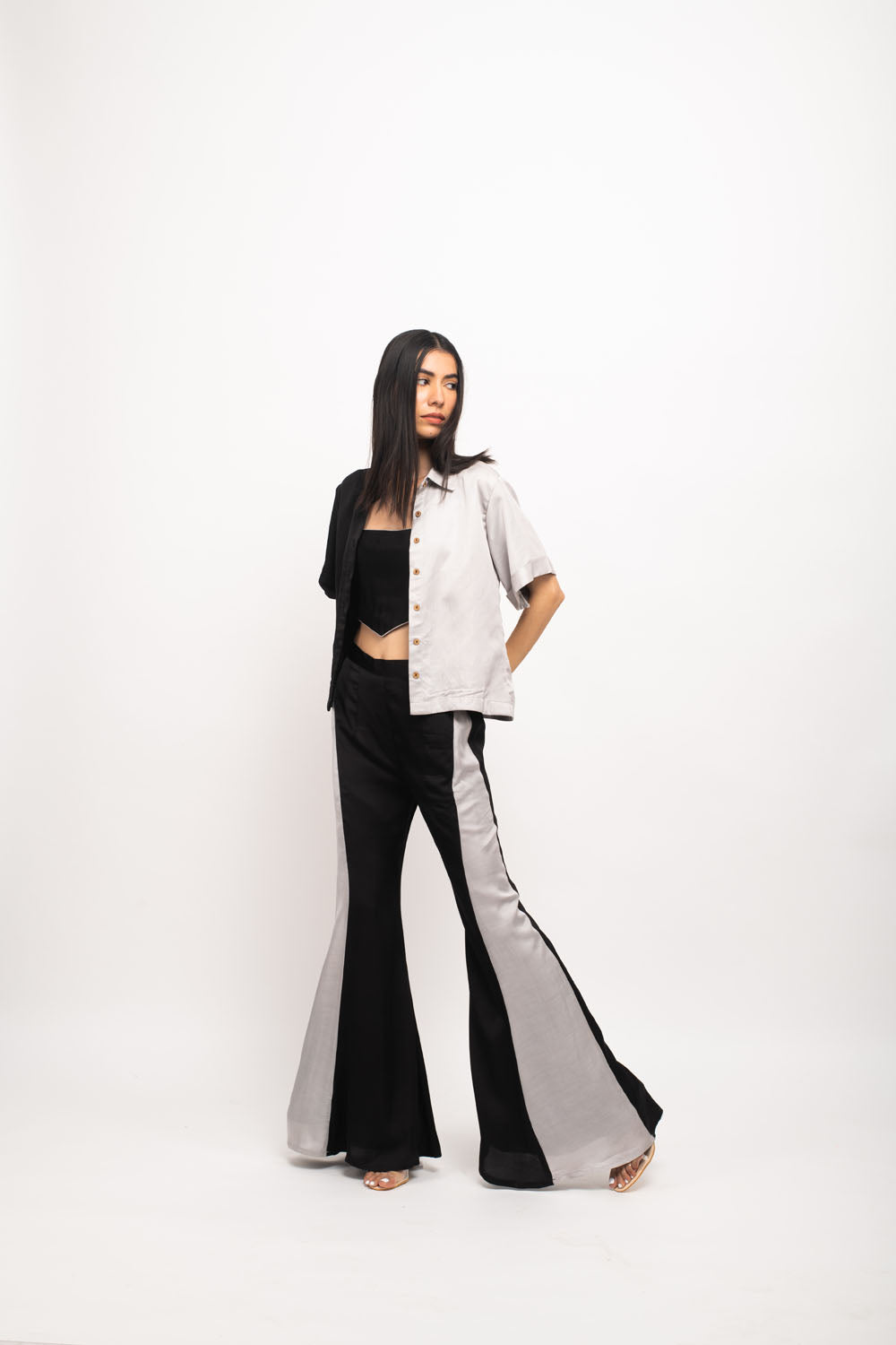 Black-Grey Colour Blocked Pant Set