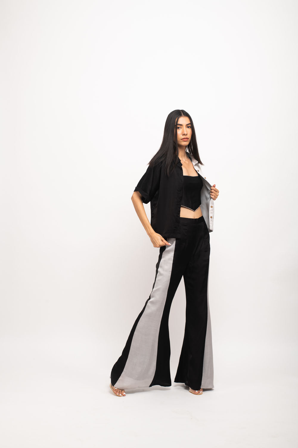 Black-Grey Colour Blocked Pant Set