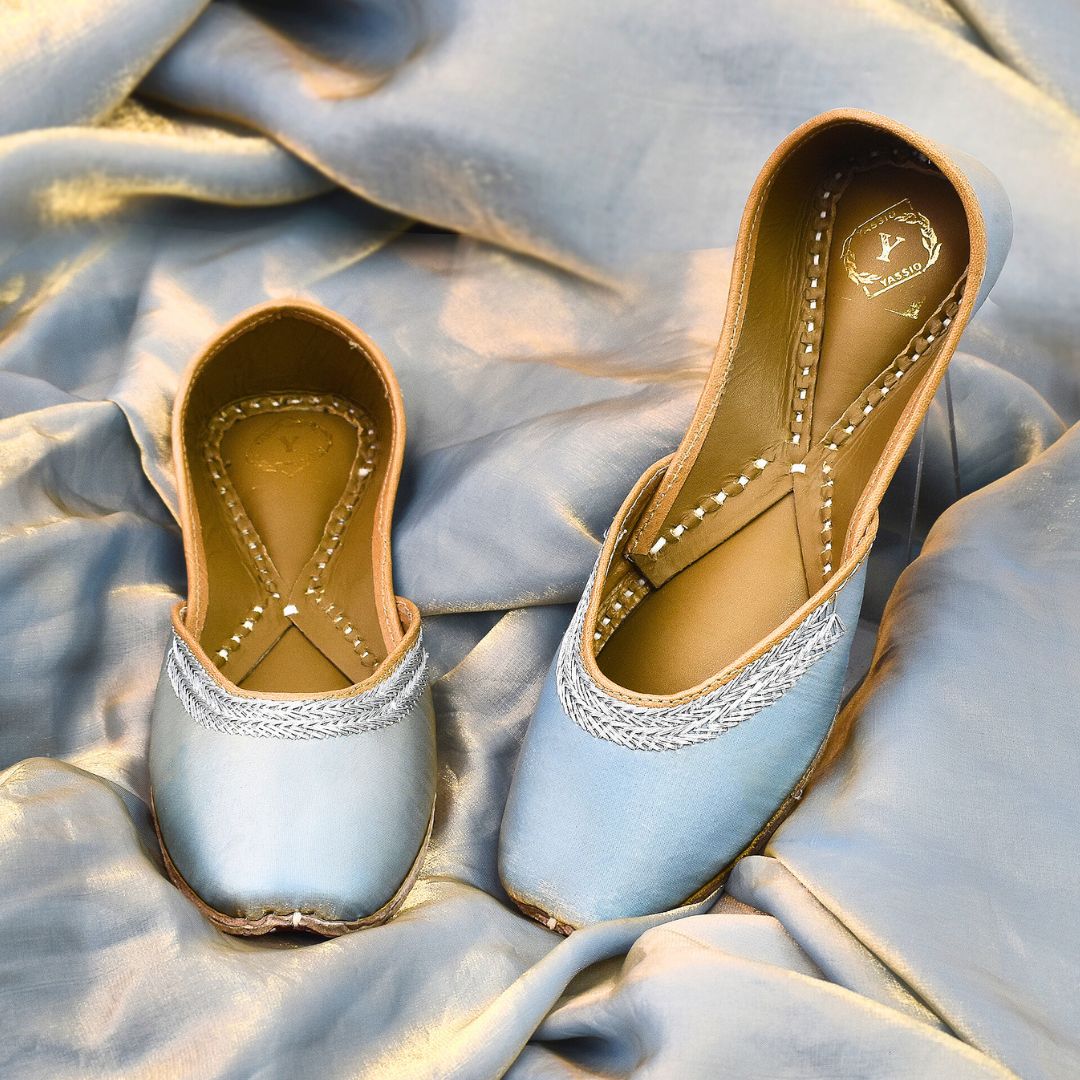 Handcrafted Greyish Golden Satin Juttis