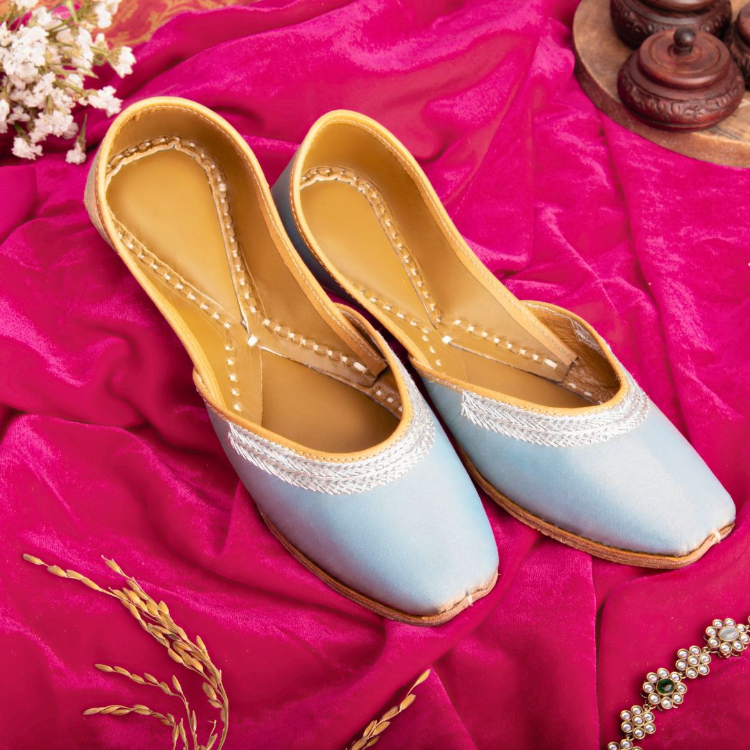 Handcrafted Greyish Golden Satin Juttis