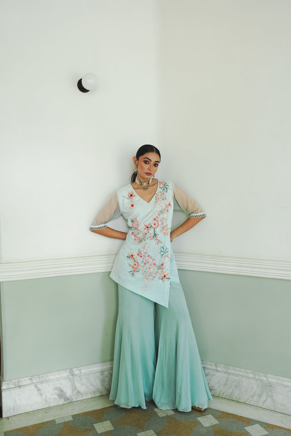 Embroidered Short Kurta With Flared Pants